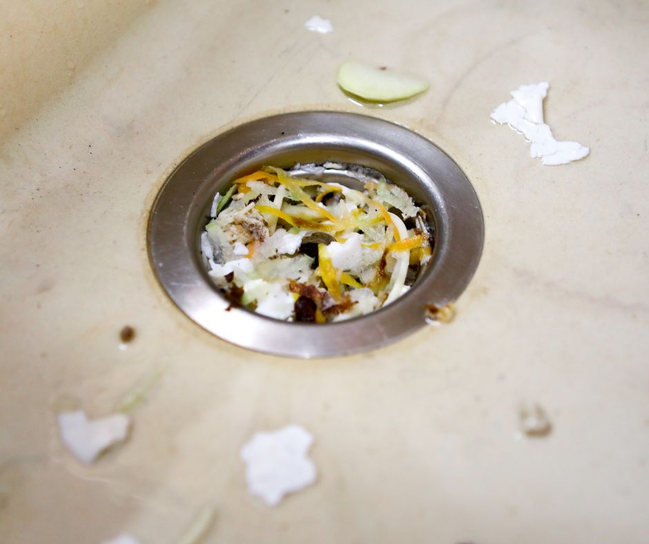 A garbage disposal clogged with all sorts of food scraps
